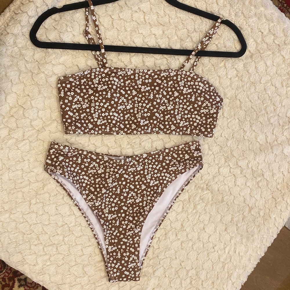 Brown floral two piece bathing suite